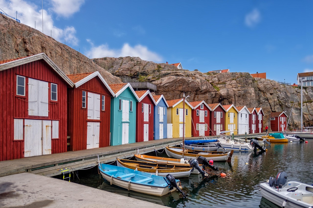 fisherman's hut, hut, house, woodhouse, sweden house, boats, water, sea, nature, lake, rock, stony, scandinavia